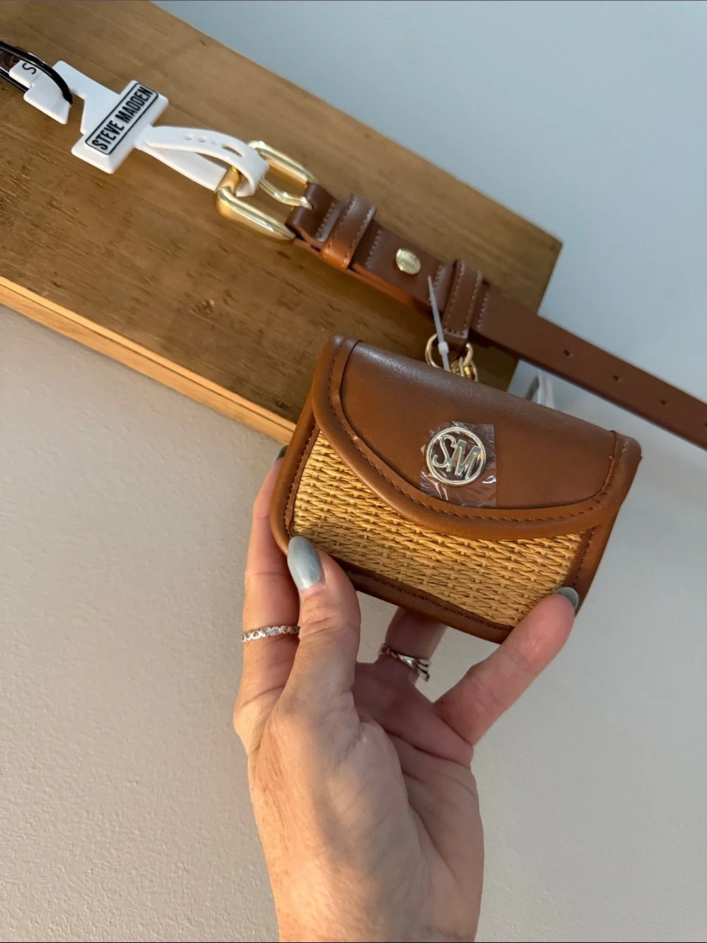 Steve Madden Tan and Brown Leather Belt Bag with Woven Front Pouch